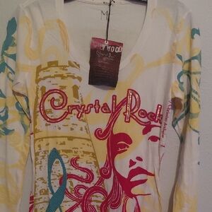 Womens Graphic V-Neck Top in White, Yellow & Pink